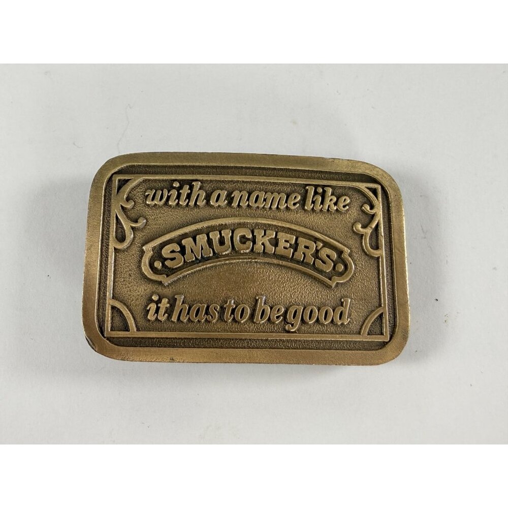 Vintage Smuckers Advertising Brass Belt Buckle Jelly Jam Sandwich Collectible